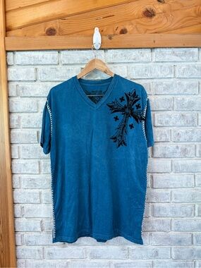 Raw State Premium V-Neck Tee in Blue with Black Graphic